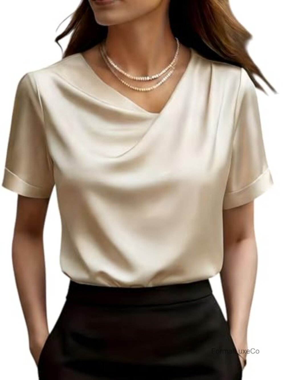 Women's Satin Blouse Asymmetric Draped V-Neck Short Sleeve Office Top